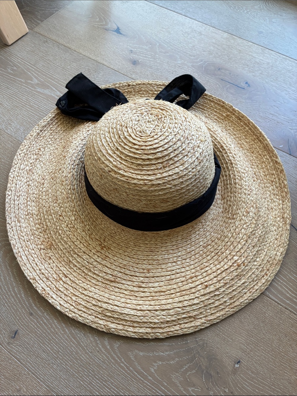 Straw Wide-Brim Sun Hat with Black Ribbon